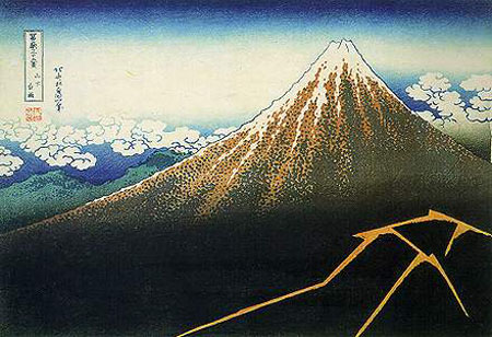 《凯风快晴》与《山下白雨》以赤富士景像与富士山占据画面大片比例